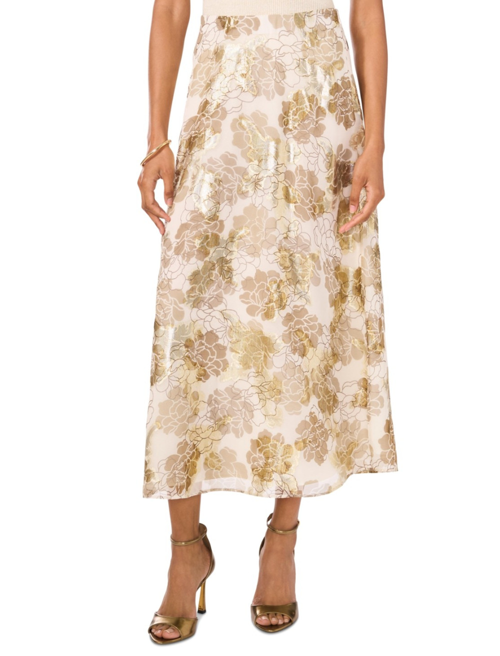 Vince Camuto Women Metallic Floral Print Midi Skirt Turtle Dove Size XS